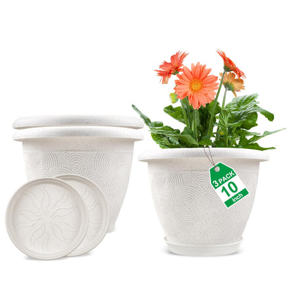 Plastic Flower Pots Planters For Indoor Plants, 3 Pack 10 Inch White Plant Pots With Drainage Hole & Tray, Modern Decorative Large Plant Pot With Saucer For Indoor Outdoor Plants Garden House Planter