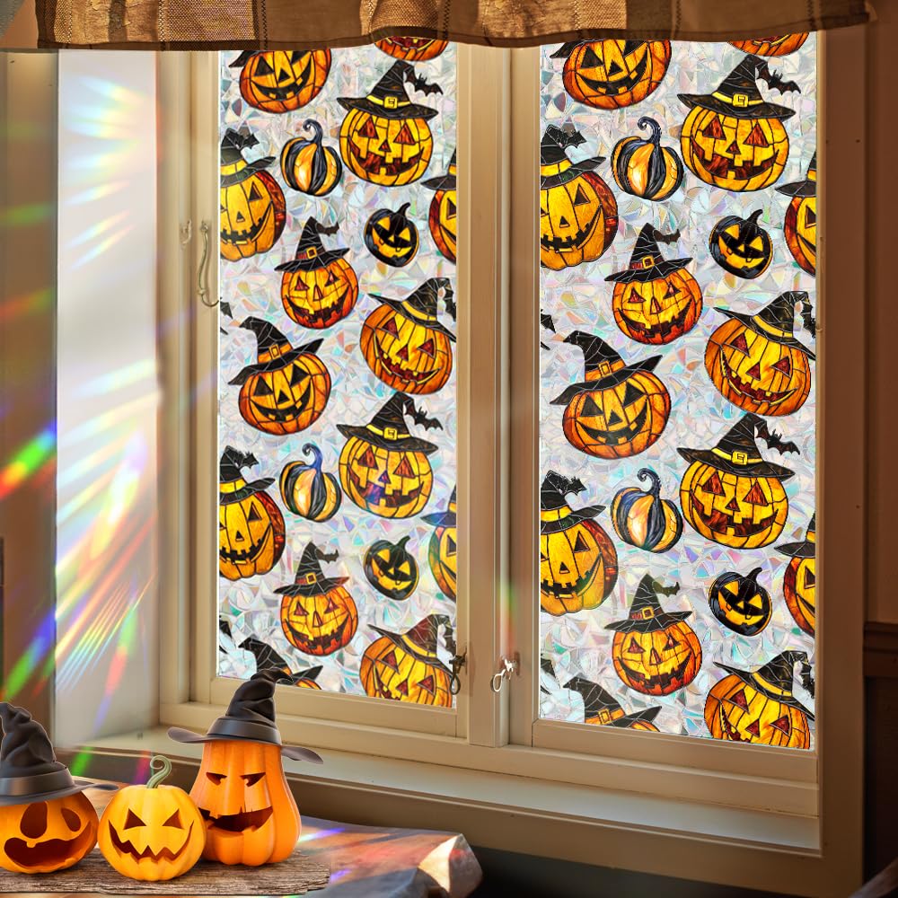 Bloss Halloween Window Clings,Stained Glass Windows Film,Pumpkin Glass Fall Windows Clings, 3D Decorative Privacy Films,Cute Halloween/Thanksgiving Window Stickers for Home Decor, 17x39.4Inch