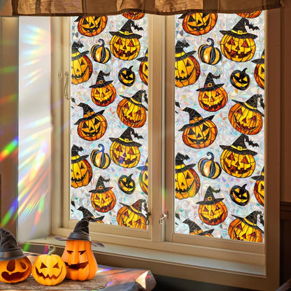 Bloss Halloween Window Clings,Stained Glass Windows Film,Pumpkin Glass Fall Windows Clings, 3D Decorative Privacy Films,Cute Halloween/Thanksgiving Window Stickers for Home Decor, 17x39.4Inch