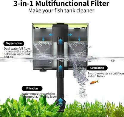 Aquarium Filter- 4 in 1 Double Waterfall U-V Fish Tank Filter for Green Water & Algae Clean, 8W Quiet Hang on Filter Adjustable Flow (12 Pack Replacement Plates for UV Filter)