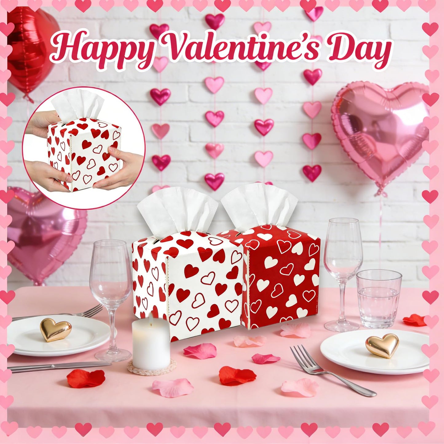2 Pieces Valentine's Day Tissue Box Covers Red Heart PU Leather Tissue Box Cover Square Tissue Box Cover Holder for Home Bathroom Bedroom Office Table