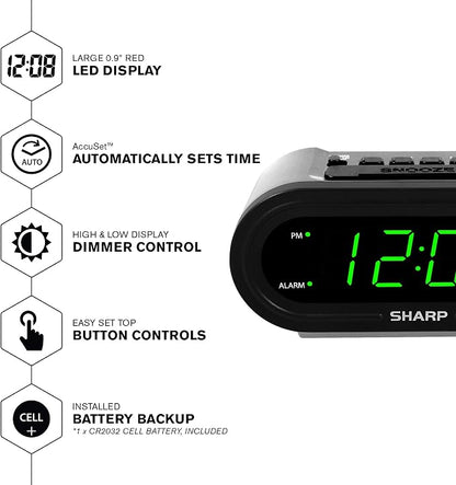 Sharp AccuSet Automatic Smart Alarm Clock – Self-Setting Digital Clock, Auto Time & DST Adjustment, Easy-Read Green LED Display, Battery Backup, Simple Plug-and-Play Clock for Seniors & Bedrooms