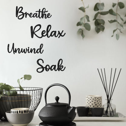 Sanwarm 4 Pieces Metal Modern Wall Decor, Black Wall Art Decors Breathe Relax Soak Unwind Fresh Hollow Sign Minimalist Cosy Hanging Decoration for Home Bathroom Living Room Bath SPA Yoga Studio