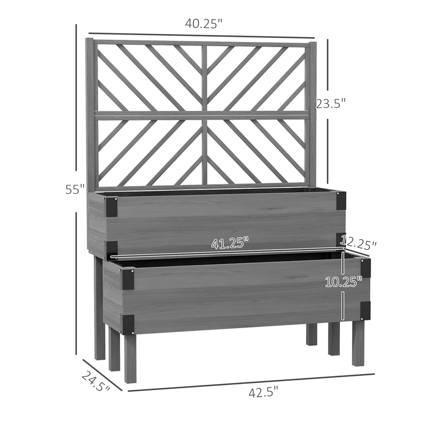 Outsunny 2-Tier Raised Garden Bed with Trellis, Wooden Elevated Planter Box with Drainage Holes, Liners, Metal Corners, Trellis Planter for Climbing Plants, Flowers, Herbs, 42.5" x 25.5" x 55", Gray