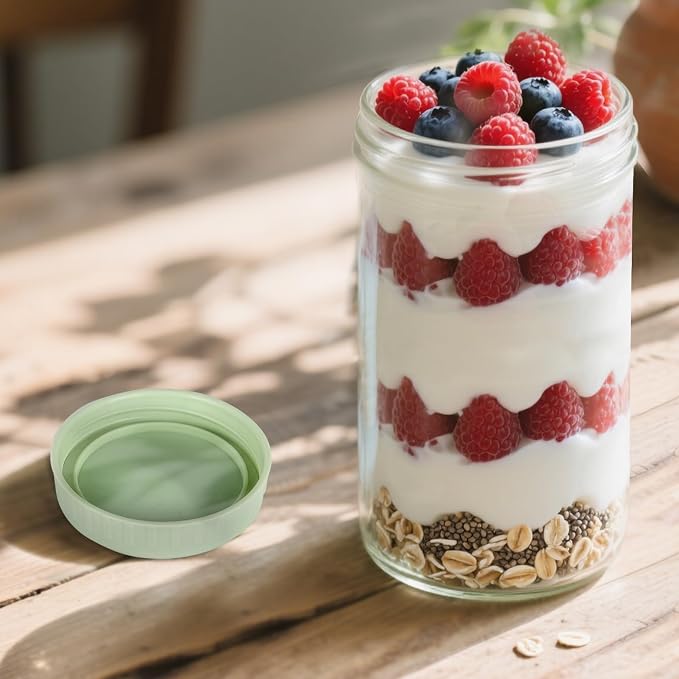 SHOWIN Overnight Oats Containers with Lids, 24oz Glass Jars with Lids 4 pcs, Light Green, Wide Mouth Mason jars for Salad, Yogurt, Snacks, Meal Prep