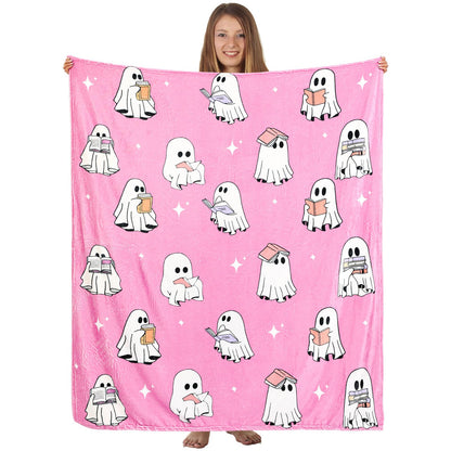 Hillsuren Ghost Reader Blanket for Girl Halloween 2025 New Pink Ghost Reading Book Throw Blankets 50 x 60 Inch Cute Boo Gift for Book Lover Sofa Bed Living Room Christmas Thanksgiving Gift Decoration
