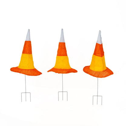 National Tree Company Garden Stake Lawn Decoration, Orange, Candy Corn Witches Hats, LED Lights, Halloween Collection, 23 Inches