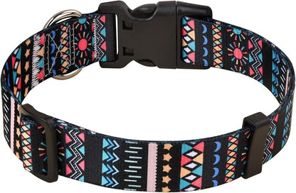 MarukoPet Dog Collar, Adjustable for Small Medium Large Dogs Puppy, Cute Design with Bohemia Floral Tribal Geometric Patterns Boys Girls Dog Collar(Black Bohemia-L)