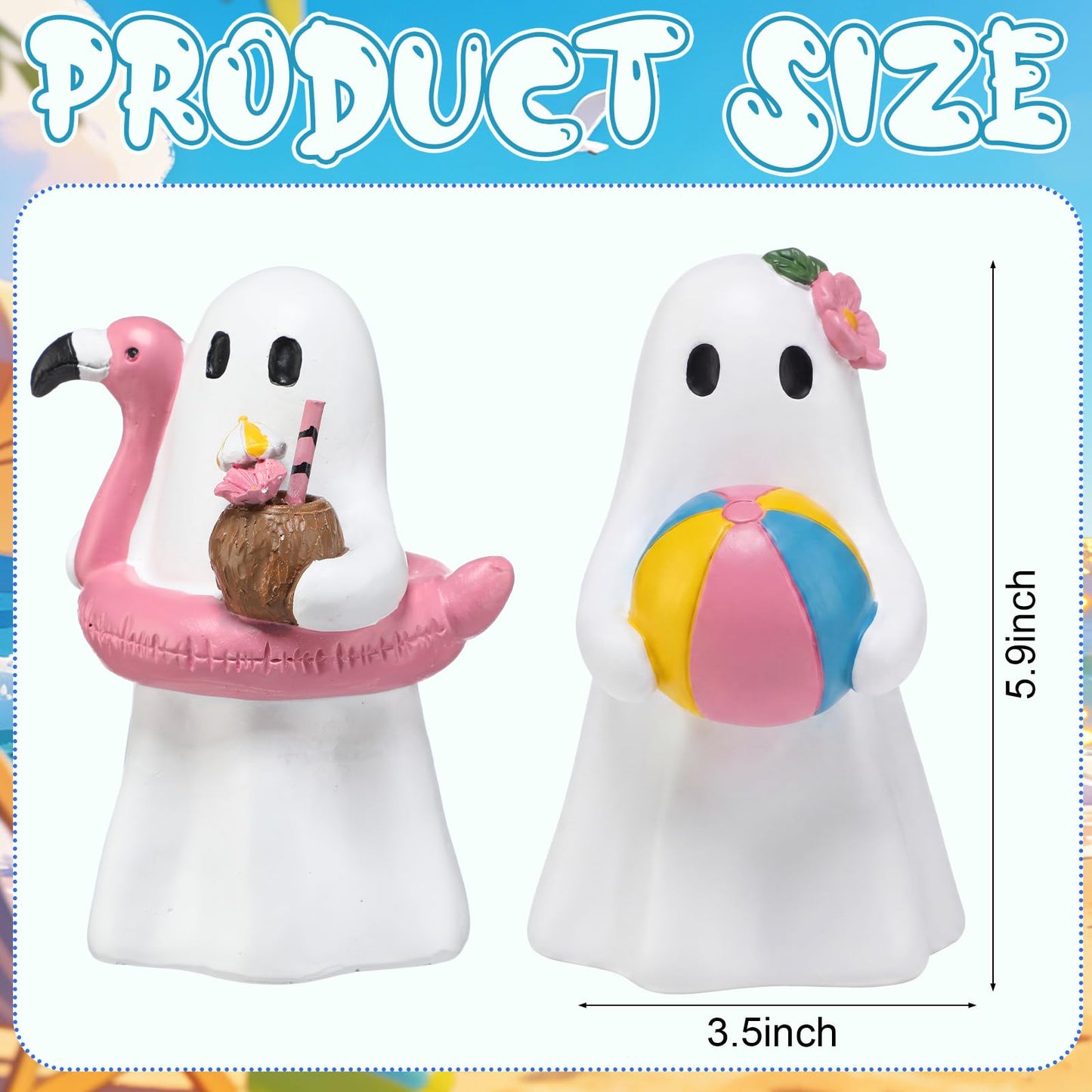 Blulu 2 Pcs Summer Halloween Ghost Figure Decor Resin 6 Inch Beach Pool Party Decoration Cute Kawaii Spooky Summer Halloween Hawaii Gift Decor Funny Ghost Statue Tabletop Indoor Outdoor Home