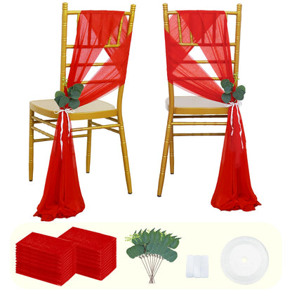 FUHSY Wedding Chair Sashes Upgraded 24 Pack 8FT Long Red Sashes for Chair Covers Aisle Decorations for Wedding Ceremony Sheer Chiffon Chairs Bows for Party Event Banquet Prom Decor
