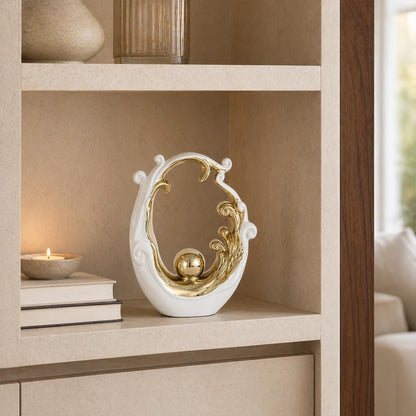 LINYTHER Abstract Ceramic Sculpture, White and Gold Modern Tabletop Statue Wave-Inspired, for Home Decor, Decorative Accent for Shelf, Mantel, Coffee Table, Console or Entryway