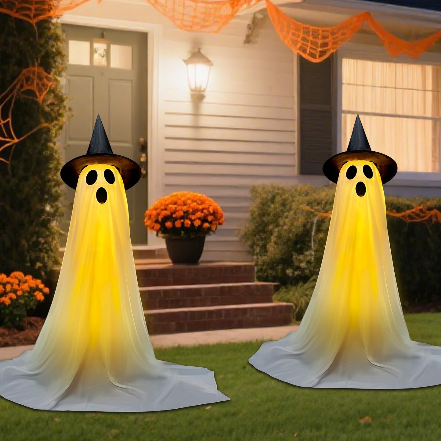 Halloween Decorations Outdoor & Indoor Decor - 2 Pack 59-inch Remote Control Spooky Ghost String Lights with Witch Hats, Halloween Lights for Porch, Yards, Patio, Garden Lawn, Party