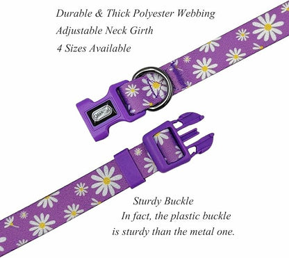 Dog Collar Leash Set, Floral Pattern, Polyester Material, Adjustable Collar and 5ft Matching Leash, for Puppy Dogs.(XS, Purple Daisy)
