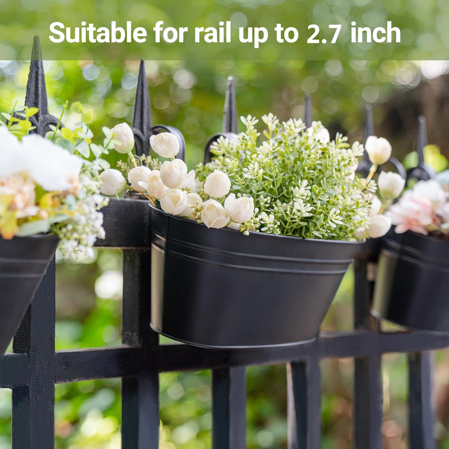 Dahey 10.5 Inch Metal Iron Hanging Flower Pots for Railing Fence Hanging Bucket Pots Countryside Style Window Flower Plant Holder with Detachable Hooks Home Decor,Black,5 Pcs