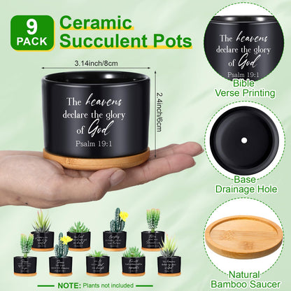 RimCereal 9 Pcs Inspirational Bible Verse Gifts Black Ceramic Succulent Pots with Bamboo Saucers Christian Decor Perfect Religious Gift for Home Office for Mother's Day Graduation Teachers Nurses