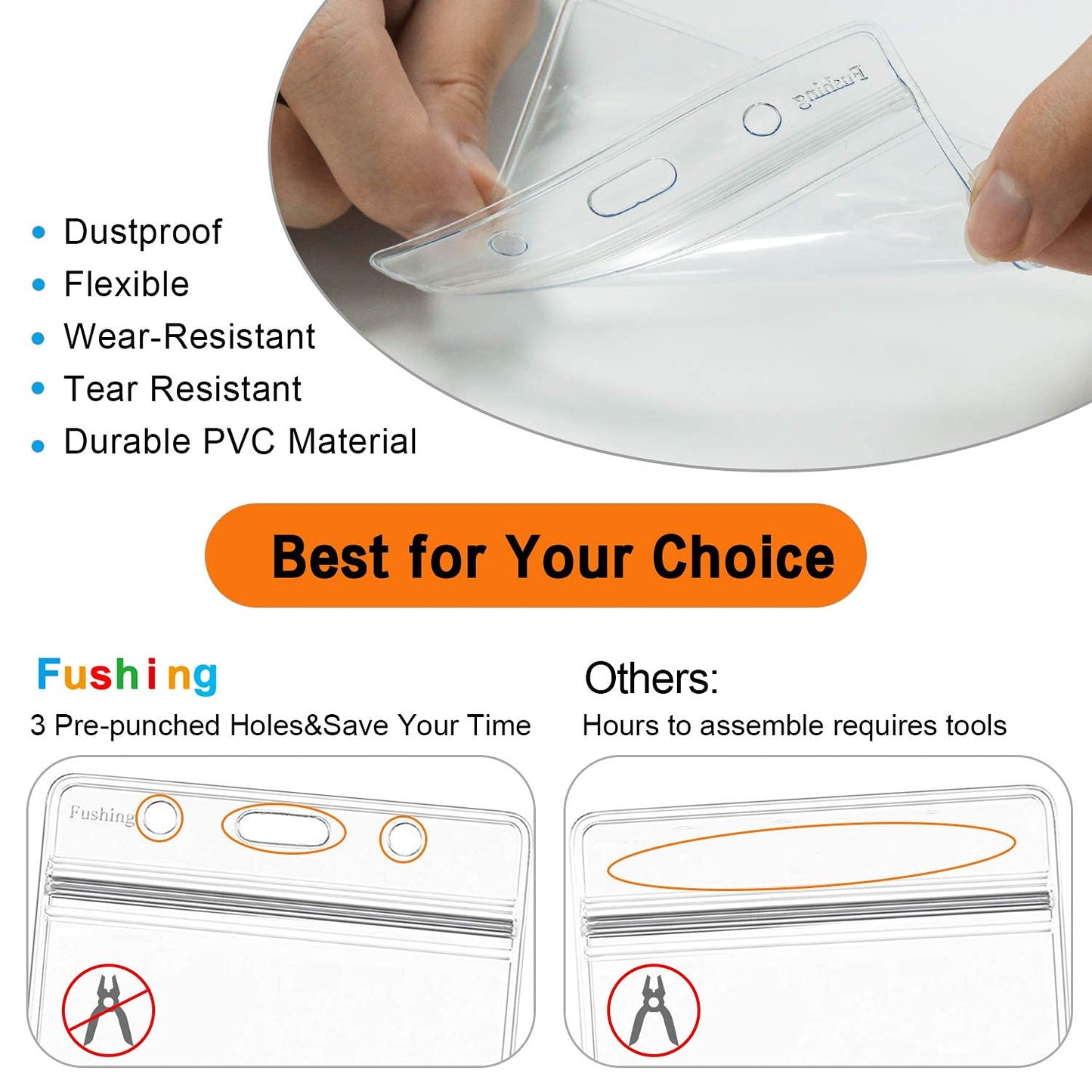 Fushing Pack of 50 Clear Plastic Vertical Badge Holders, Name Tag Holders, Card Holders (L)