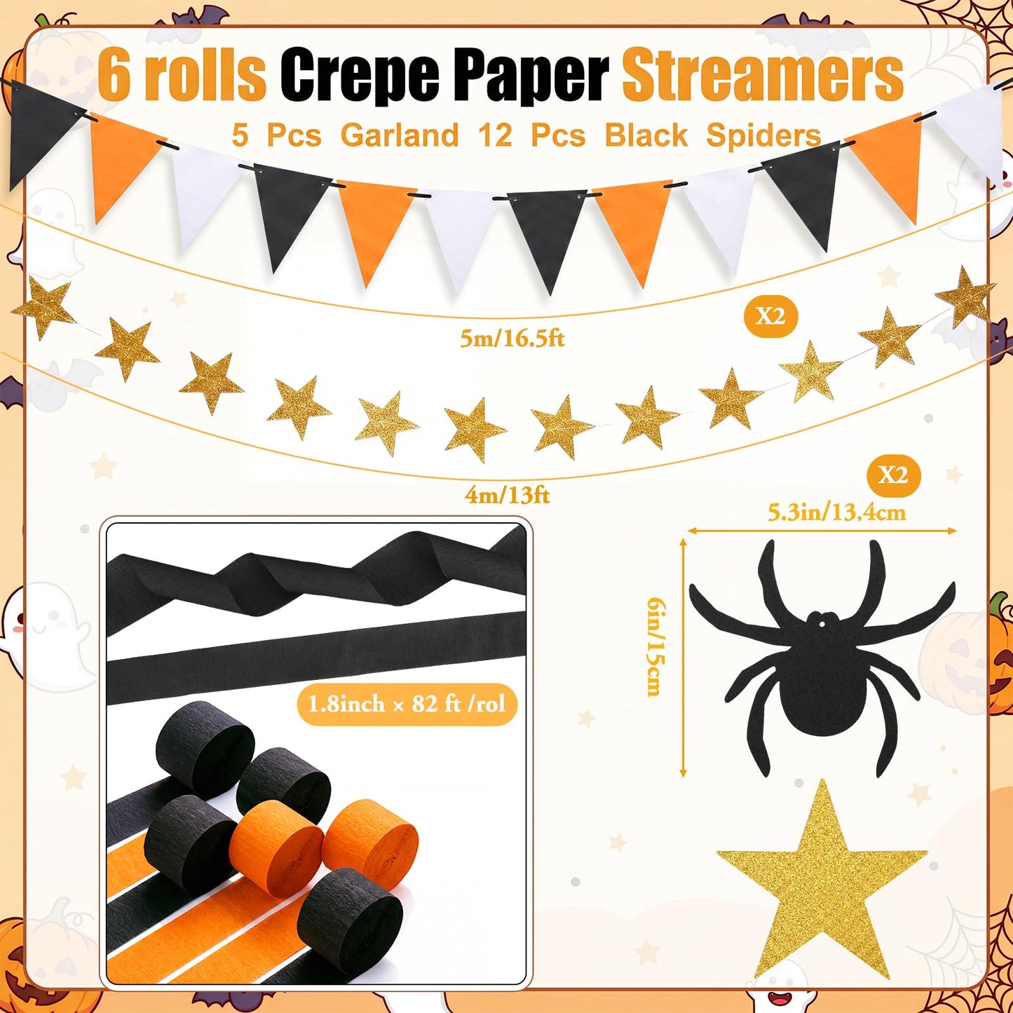 Epakh Halloween Ceiling Decorations Black and Orange Paper Chain Garland Gold Star Curtains Spider Hanging Decor Crepe Paper Streamer Banner for Halloween Party Haunted House Classroom Decor
