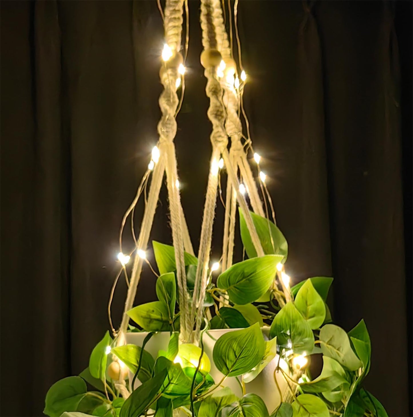 2 Pack Macrame Plant Hanger with Lights Indoor Hanging Planter Basket with Wood Beads Flower Pot Holder Handwoven Cotton Rope Tassels for Boho Home Window Decor 43.5 Inch, Ivory (POTS NOT Included)