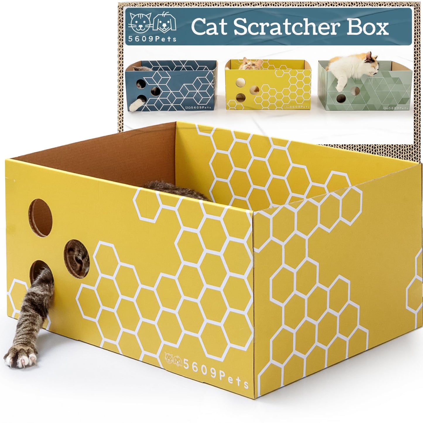5609PETS Heavy Duty Cardboard Cat Scratcher Box with Refillable Double-Sided Cat Scratching Board for Indoor Cats
