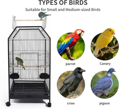 40inch Bird Cage with Rolling Wheels, Open-Top Parrot Cage Sturdy Iron Pet Bird Flight Cage Large Birdcage for Parrots Cockatiels Conure Budgie Canary (Black)