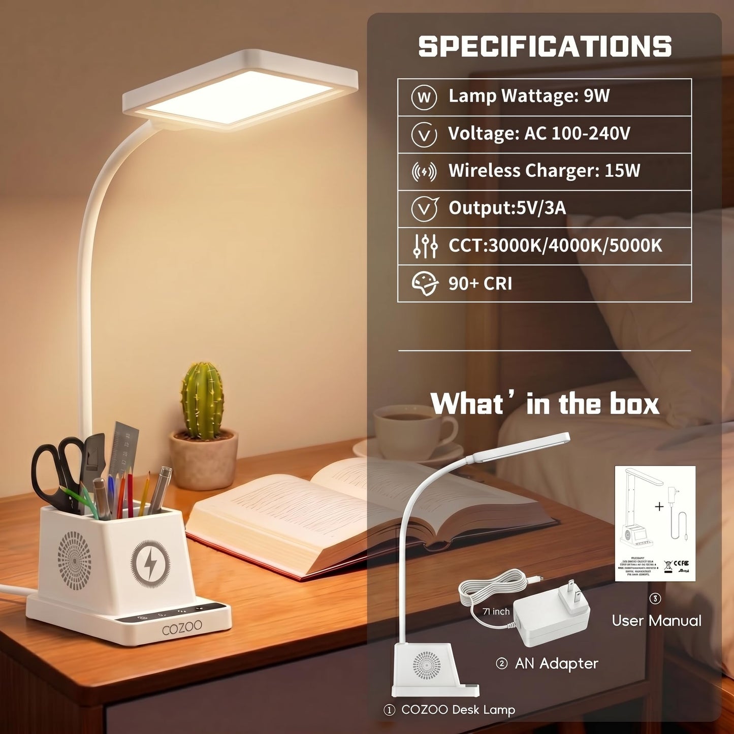 cozoo Desk Lamp, LED Desk Lamps for Home Office with 15W Wireless Charger/Organizer,Desk Lamp for College Dorm Eye-Caring Study Light,Gooseneck Table Lamp with Pen Holders/Storage,12 Lighting Modes