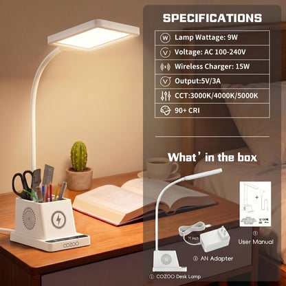 cozoo Desk Lamp, LED Desk Lamps for Home Office with 15W Wireless Charger/Organizer,Desk Lamp for College Dorm Eye-Caring Study Light,Gooseneck Table Lamp with Pen Holders/Storage,12 Lighting Modes
