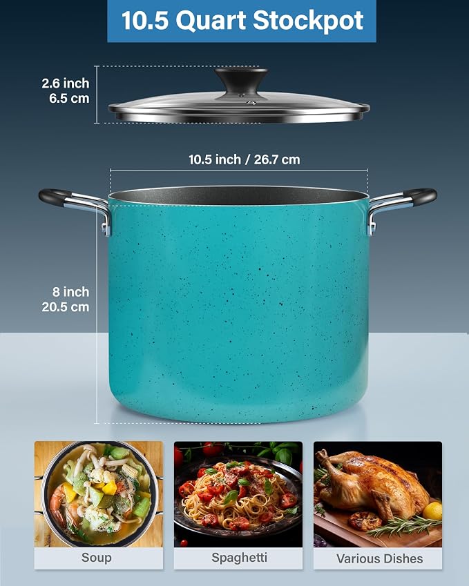 Cook N Home Professional 10.5 Quart Nonstick Stock Pot with Lid, Riveted Handles, Big Soup Pot for Holiday Feasts, Stockpot with Even Heating, Induction Cookware, Oven & Dishwasher Safe, Turquoise
