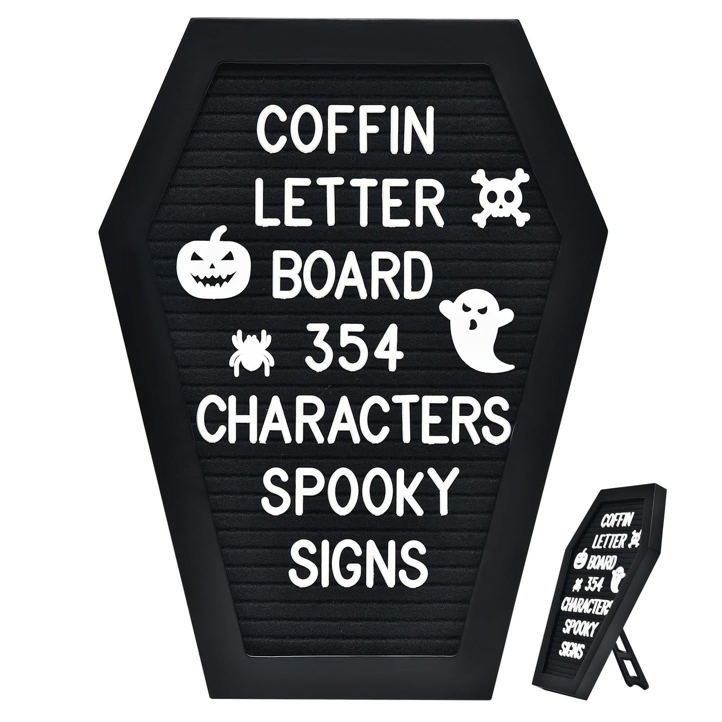 Coffin Letter Board - 354 Characters Spooky Halloween Characters with Wooden Stand and Canvas Bag - 10x7 Inches Small Size - Felt Message Board for Home Office Halloween Supplies & Decor (Black)