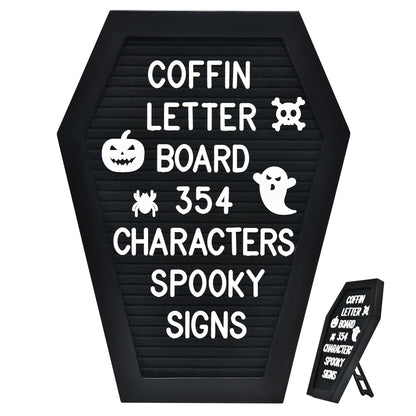 Coffin Letter Board - 354 Characters Spooky Halloween Characters with Wooden Stand and Canvas Bag - 10x7 Inches Small Size - Felt Message Board for Home Office Halloween Supplies & Decor (Black)