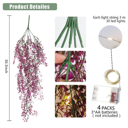 RECUTMS 4Pcs Fake Ferns Artificial Hanging Plants with 30 LED Lights Ivy Flowers Large Faux Hanging Plant for Indoor Outdoor Room Garden Porch Wedding Party Decorations (Fuchsia)