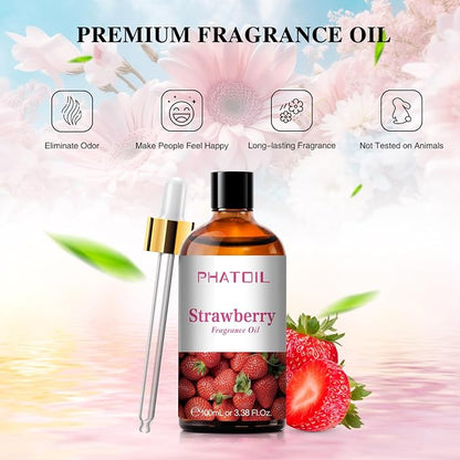PHATOIL 3.38FL.OZ Strawberry Fragrance Oils for Aromatherapy, Essential Oils for Diffusers for Home, Perfect for Diffuser, Yoga, Skin Care, DIY Candle and Soap Making - 100ml