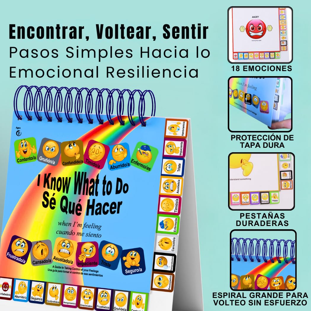 Thought-Spot I Know What to Do Flipbook (Sp/Eng) | Emotions Wheel & Feelings Chart | Emotional Regulation Tool Home, Class, or Calm Down Corner | Helps Kids Learn Coping Skills | Autism Must-Have