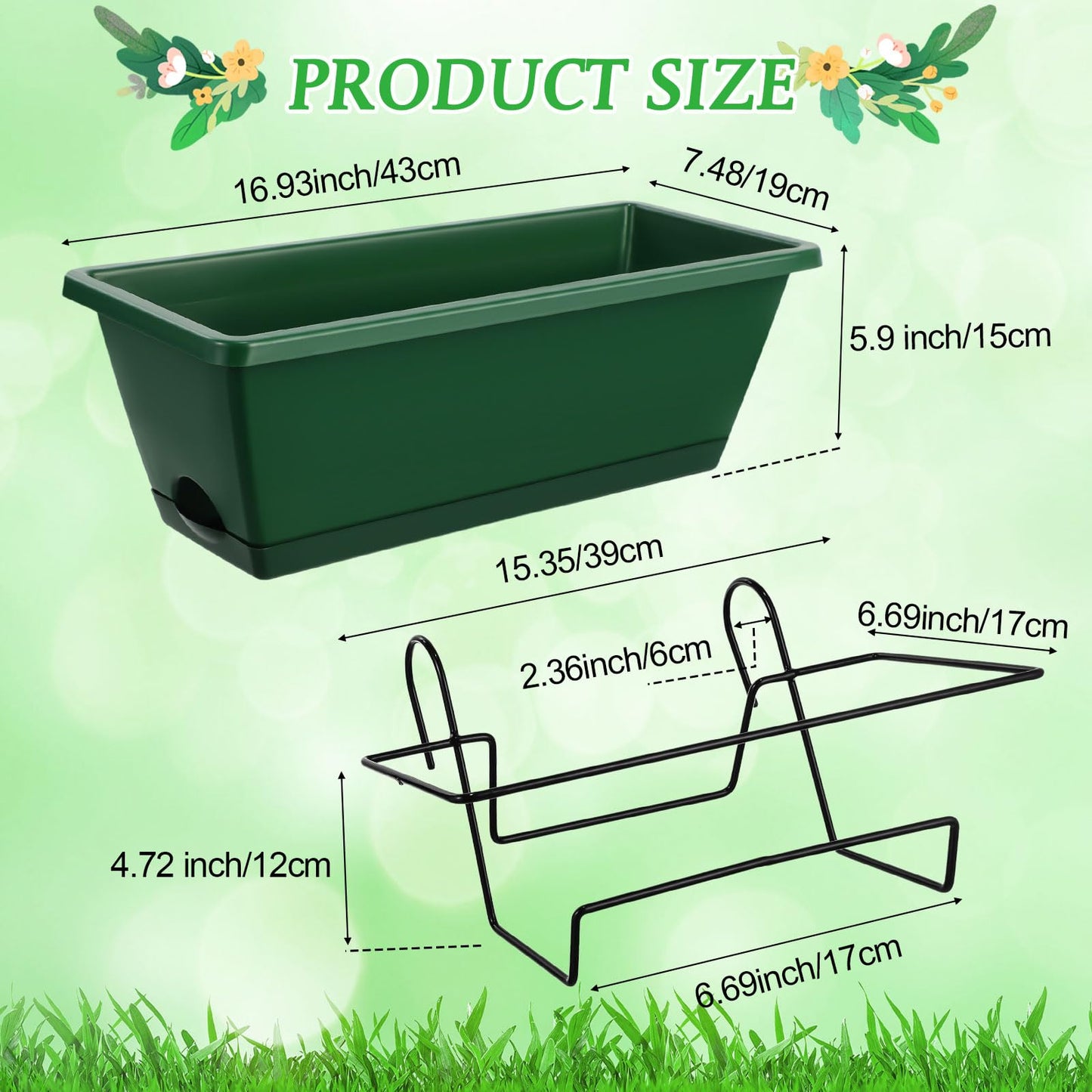 Funnymoom 8 Pack Plastic Hanging Flower Pots for Railing Fence Outdoor Planter 17 Inch Hanging Planter with Iron Brackets with Drainage Holes and Trays for Window Balconies Garden(Dark Green)