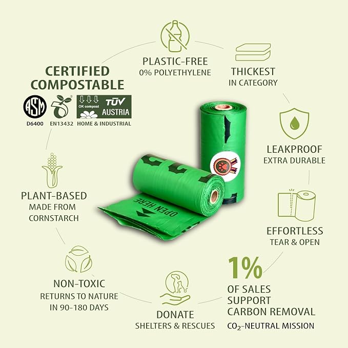 PetLaud Plastic-Free Compostable Dog Poop Bags Rolls — Extra Thick, Leakproof, ASTM D6400 Certified — 240 Bags