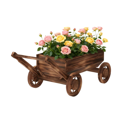 Wooden Flower Cart with Wheels Wooden Wagon Planter Outdoor Garden Planter Decor Planter for Patio Balcony Trolley Decoration Succulent Flower Pot, Indoor Backyard Balcon Decor（Large）