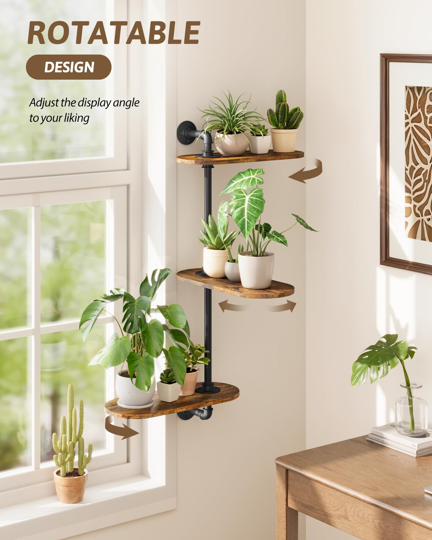 GENTINGBRO Window Plant Shelves 3-Tier Rotating Plant Stand Industrial Window Plant Shelf Wood Wall Mount Decorative Enhanced Indoor Plants Light Exposure Gift Idea for Plant Lovers