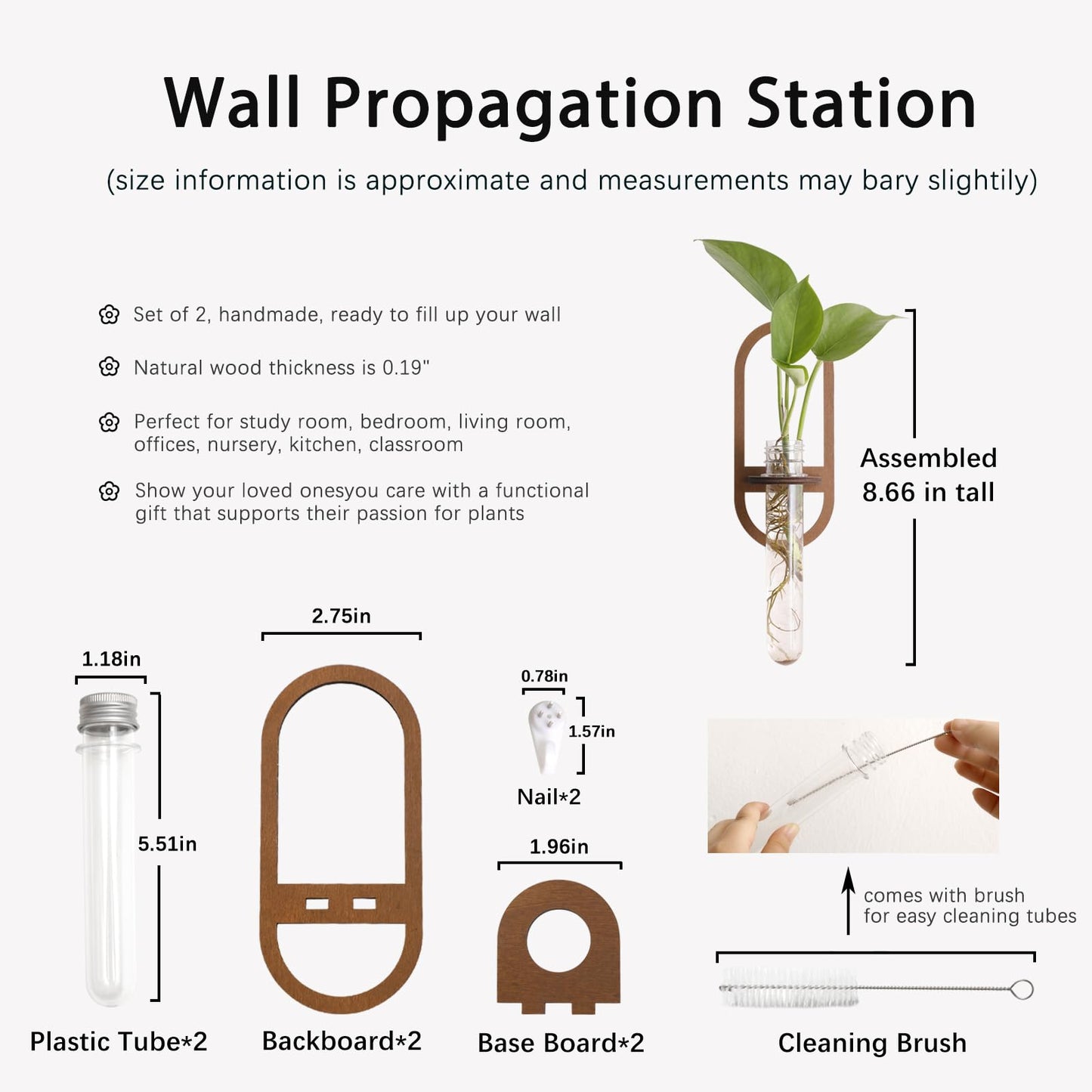 2 Pack Plant Propagation Station Wall Hanging Wooden Shelf Plant Terrarium for Hydroponics Home Office Decor Test Tube Propagate Air Plant Cutting Holder