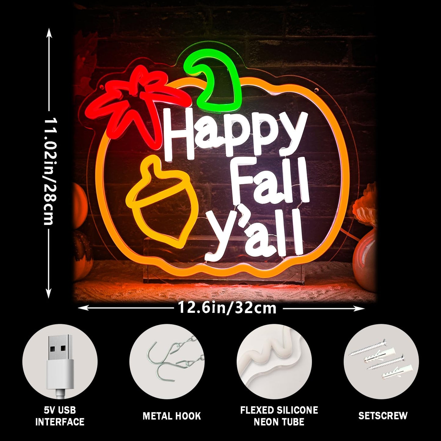 Happy Fall Y'all Neon Sign,Thanksgiving Pumpkin Neon Sign Thanksgiving LED Neon Light Sign Thanksgiving Decorations for Autumn Room Bedroom Table Wall Decor Kids Holiday Gift USB Powered