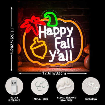 Happy Fall Y'all Neon Sign,Thanksgiving Pumpkin Neon Sign Thanksgiving LED Neon Light Sign Thanksgiving Decorations for Autumn Room Bedroom Table Wall Decor Kids Holiday Gift USB Powered