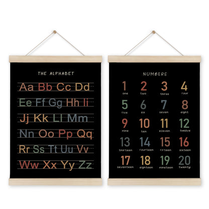 HRQKO Alphabet Numbers Poster Hanger Frame Set of 2, Black Nursery Wall Decor, ABC Poster Wall Art with Wooden Frames, Boho Alphabet Banner Wall Hanging Decor for Toddler Playroom, 12x16 Inch