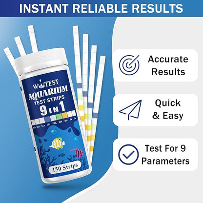 9-Way Aquarium Test Strips - 150 Aquarium Water Test Kit Fish Tank Test Kit Quick & Accurate Testing Iron Copper Nitrate Nitrite Chlorine Total Hardness Total Alkalinity Carbonate pH