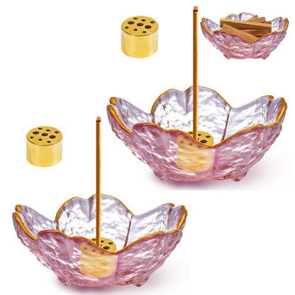 2 Set Handmade Glass Cherry Blossom Backflow and Stick Incense Holder with 9 Holes & Ash Catcher for Meditation, Yoga, Home & SPA Decor (2PCS - with Gilt-Edged)