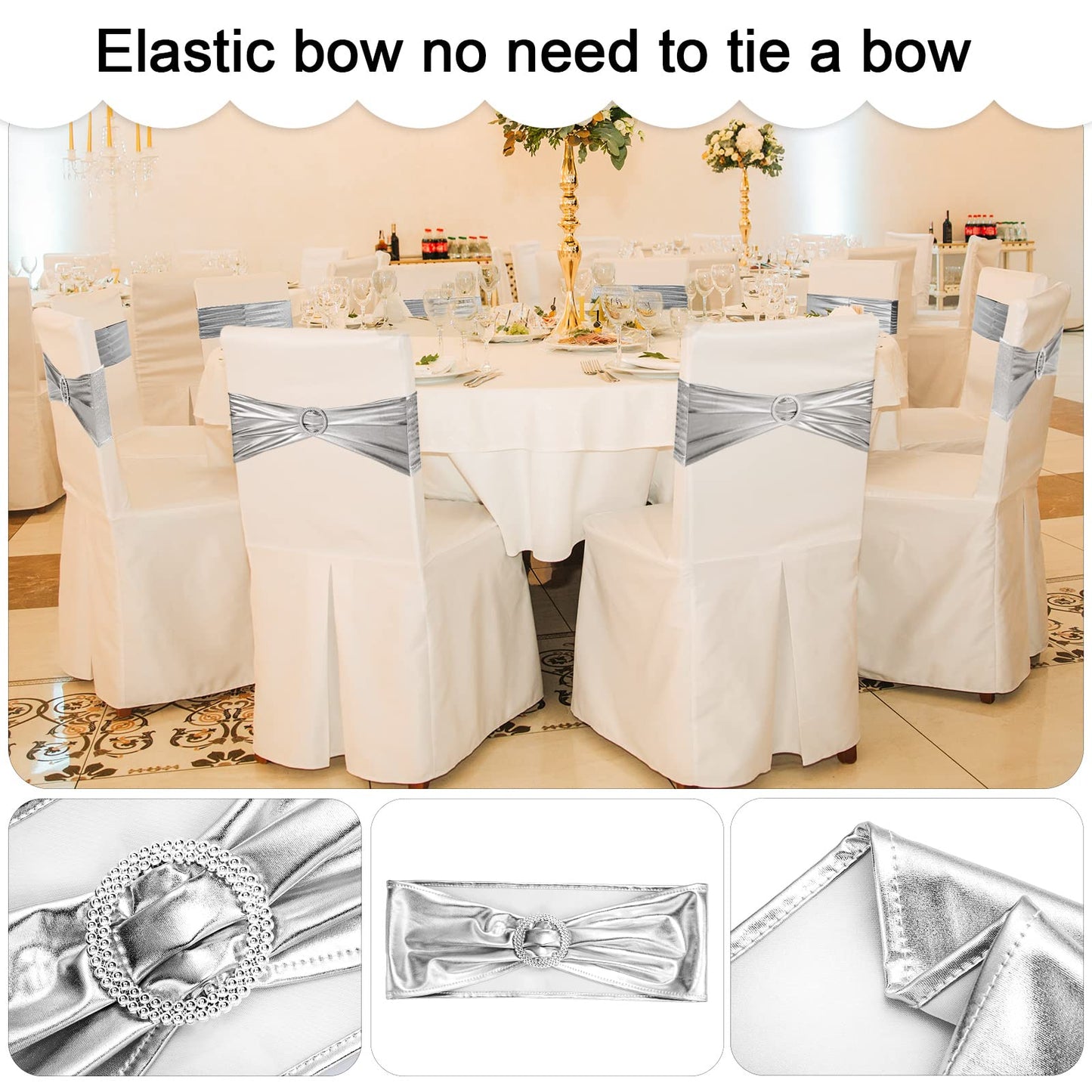 Oudain 120 Pieces Spandex Chair Sashes with Buckle Stretch Chair Cover Bands Bows for Wedding Hotel Banquet Events Decorations Sashes(Silver)