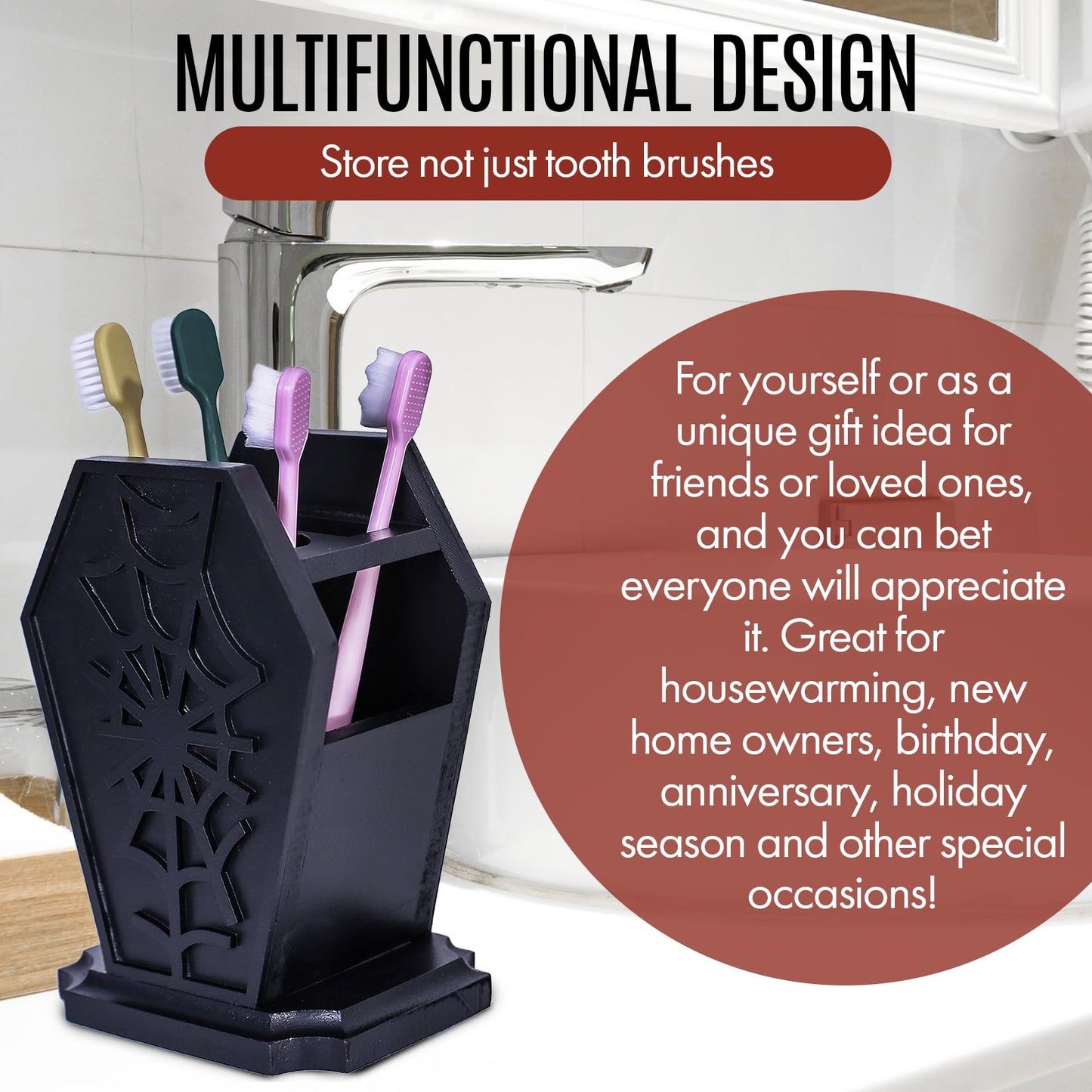 Gothic Decor Coffin Toothbrush Holder - Halloween Goth Bathroom Decor Brush Holder for Oddities and Curiosities - Spooky Pen Organizer for Kids and Adults - Witchy Gifts for Women