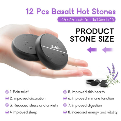 AICNLY 12 Pieces Hot Stone Massage Set-Professional Massage Tool for Spa, Cellulite Massage, Lymphatic Drainage, Relieve Tension and Muscle Pain, Basalt Rocks Premium Set