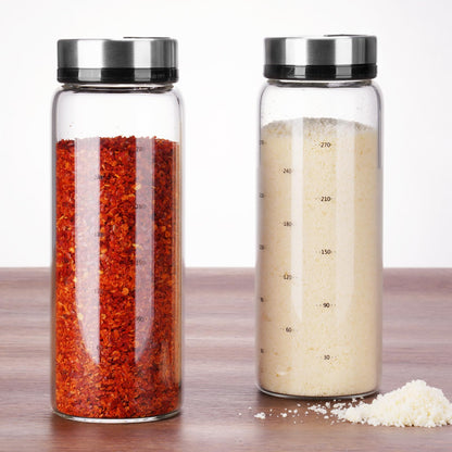 NiHome 2-Pack Spice Shakers with Adjustable Stainless-Steel Lids for Parmesan Cheese, Chili Flakes, Herbs, Salt, Pepper, 10oz Borosilicate Glass Seasoning Dispensers, Easy Refill and Dishwasher Safe