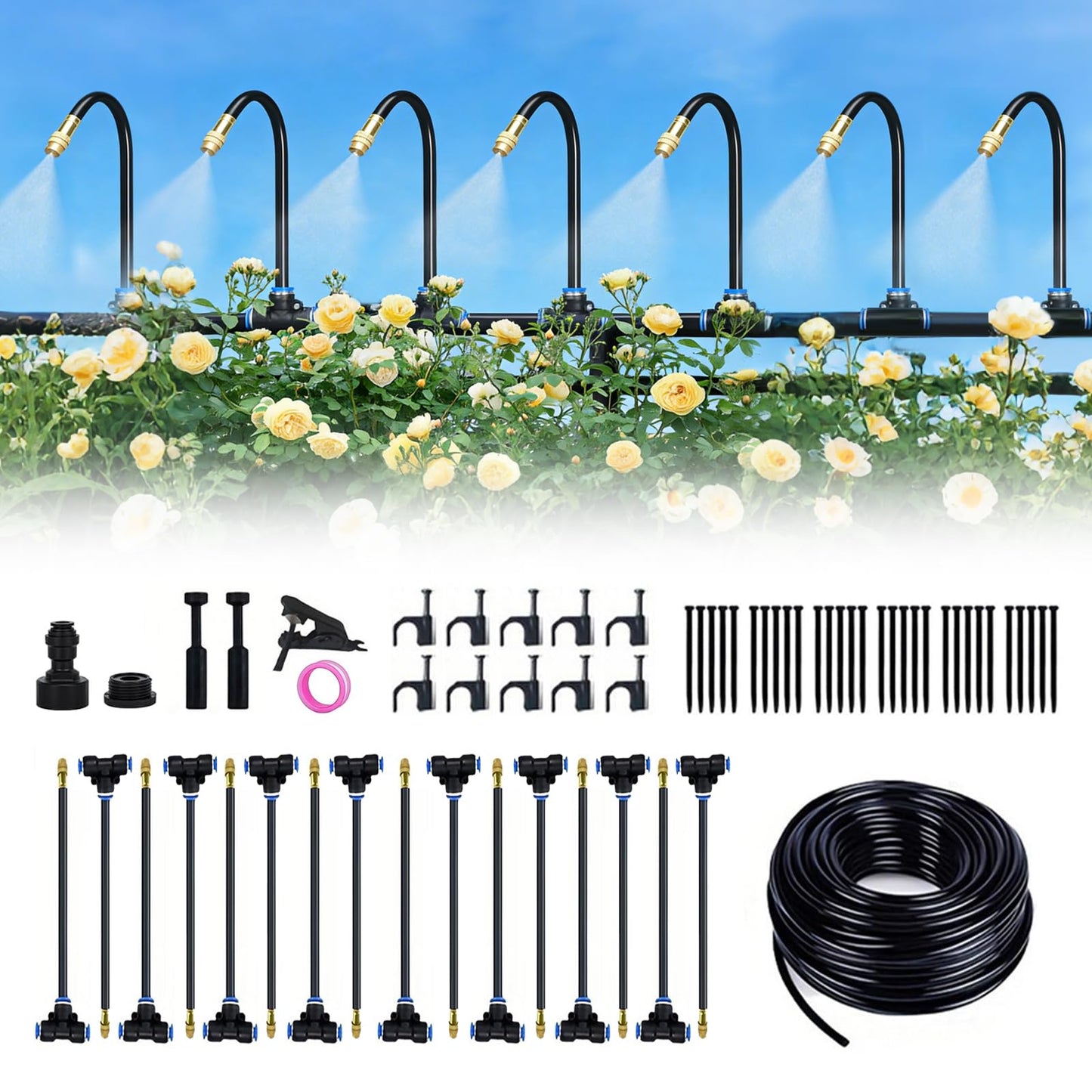 360° Adjustable Drip Irrigation System-50FT Garden Watering System with 16 Brass Nozzles,Irrigation System for Garden/Yard/Lawn,Greenhouse Accessories, 5/16" Tubing Garden Irrigation System
