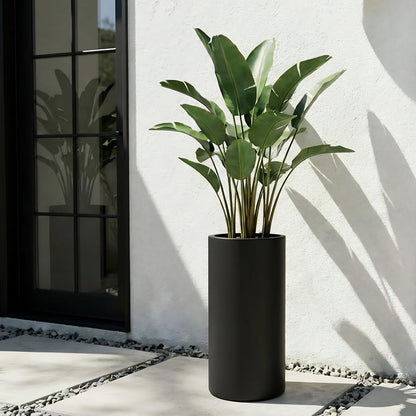 KUTE NEST 19.5" H x 9.8" D Premium Tubo Fiberstone Cylinder Tall Planter with Drainage Hole, Weather Resistant for Indoor and Outdoor Use, Included 2 Extra Coco Mats (Black, 8.2" Pot Opening)