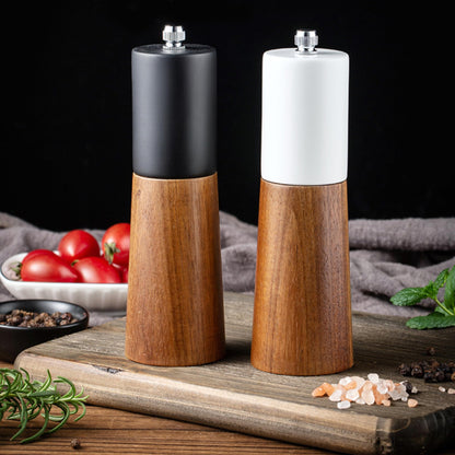 GCFTIFF Wooden Salt and Pepper Grinder Set,Crafted of Solid Acacia Wood with Ceramic Steel Core,Adjust for Customized Coarseness,Pepper Mill with Wooden Stand & Spoon(2pcs white + black,6 inches)