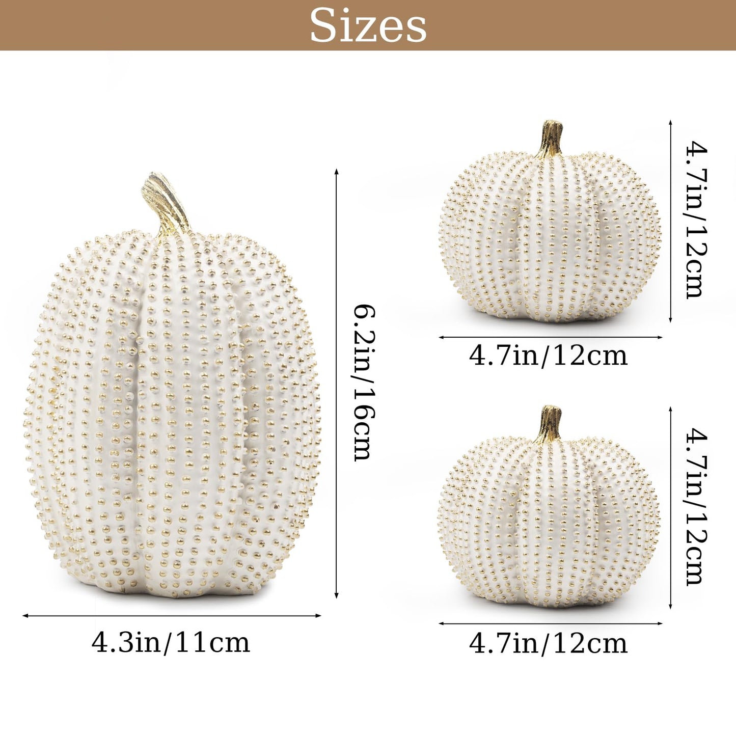 TaoQ C 3 PCS Large Thanksgiving Resin Pumpkin, Fall Pumpkin Figurines White and Gold Glitter Resin Pumpkin for Home Kitchen Halloween Thanksgiving Fall Harvest Decoration